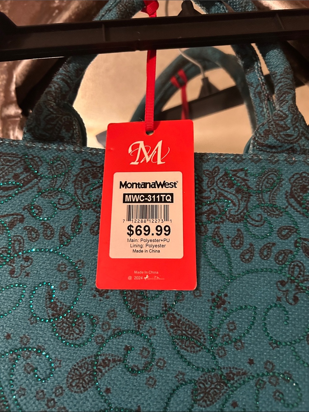 Stylish Teal Paisley/ Bling Tote Bag for Home Storage & Organization - Picture 2 of 6